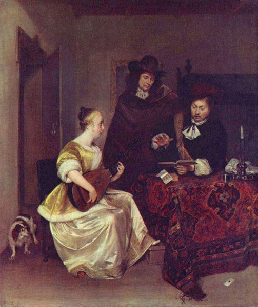 Gerard ter Borch the Younger A Woman playing a Theorbo to Two Men